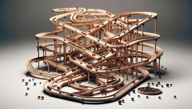 Murmelbahn aus Holz, auf der farbige, transparente Glasmurmeln rollen 